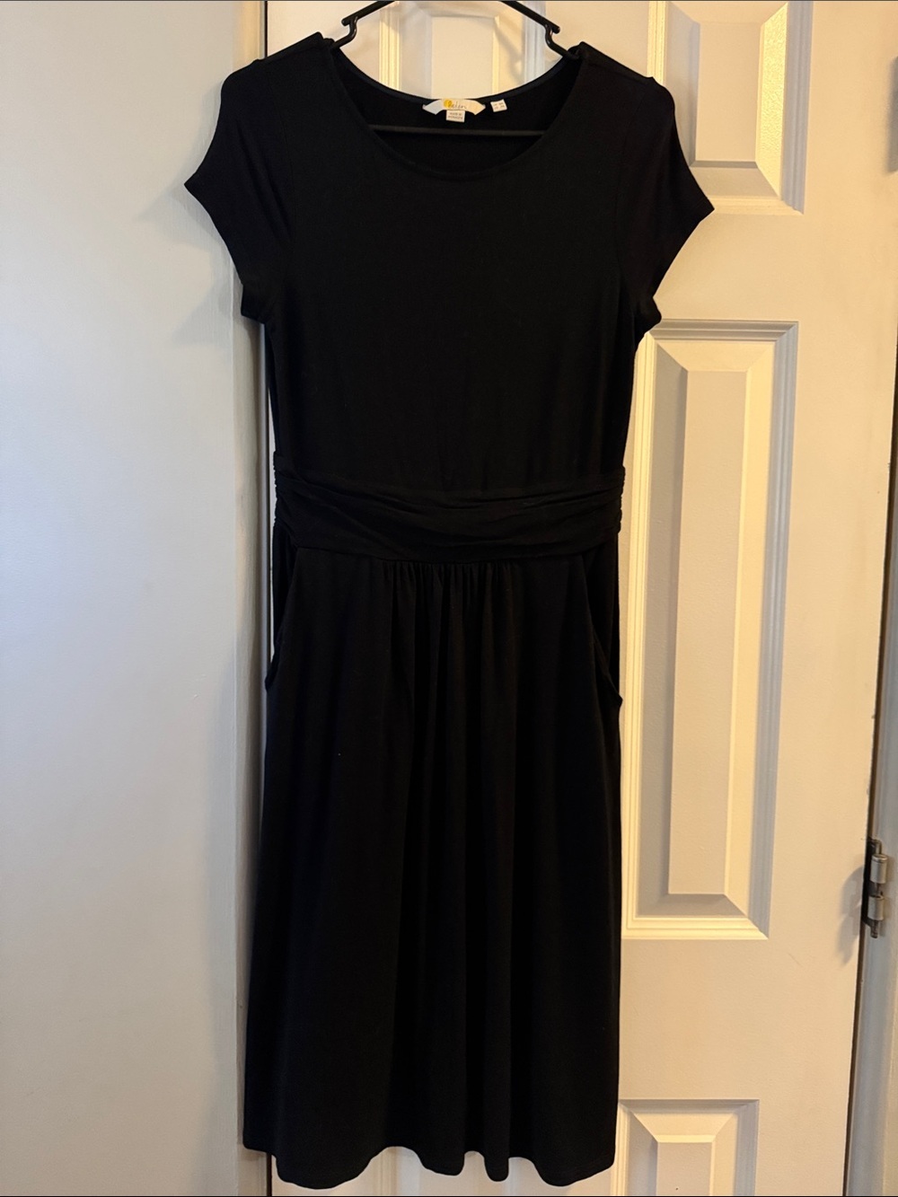 Boden Black Midi Jersey Dress with Gathered Waist
